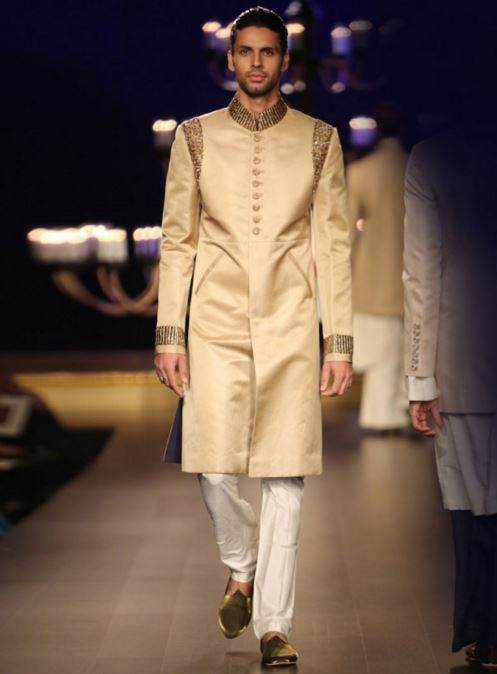 designer-wedding-dress-for-men-latest-winter-2015-2016-groom-outfit-manish-malhotra-beige-gold-shoulder-sleeve-embroidery