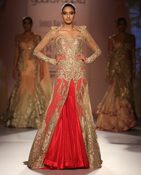 red-bridal-lehenga-designs-gold-net-sleeve-gown-lehengas-designer-2016-latest-gaurav gupta