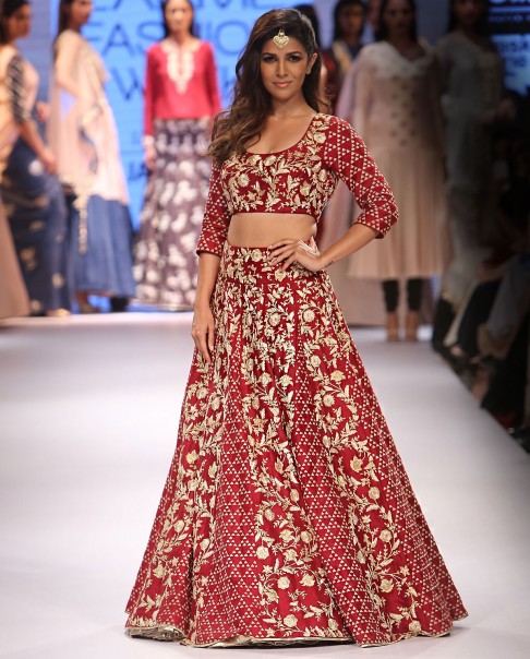 red-bridal-lehenga-designs-latest-2016-trends-payal singhal-golden-embroidery-short-choli-designer