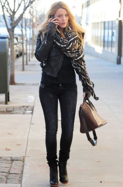 blake-lively-printed-scarf-leather-jacket-celeb-look-boots-winter-look-outfit