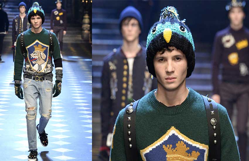 dolce gabbana knitted bird beanie graphic sweater ripped jeans velvet gloves