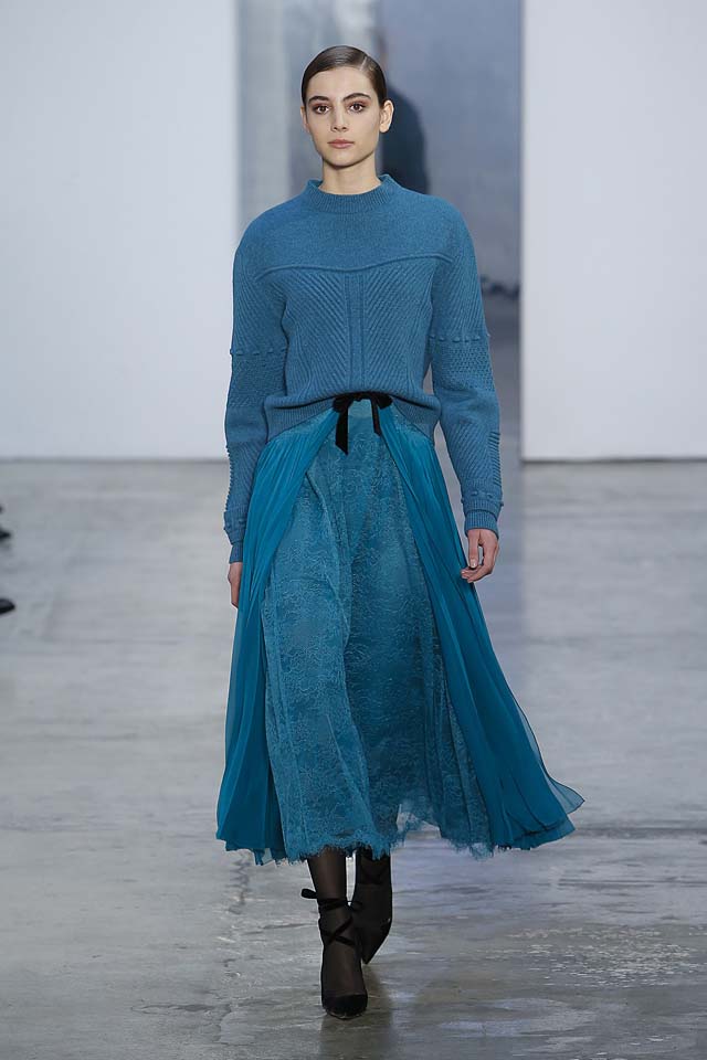 carolina herrera fw17 rtw fall winter 2017 18 collection 20 blue skirt sweater monochrome