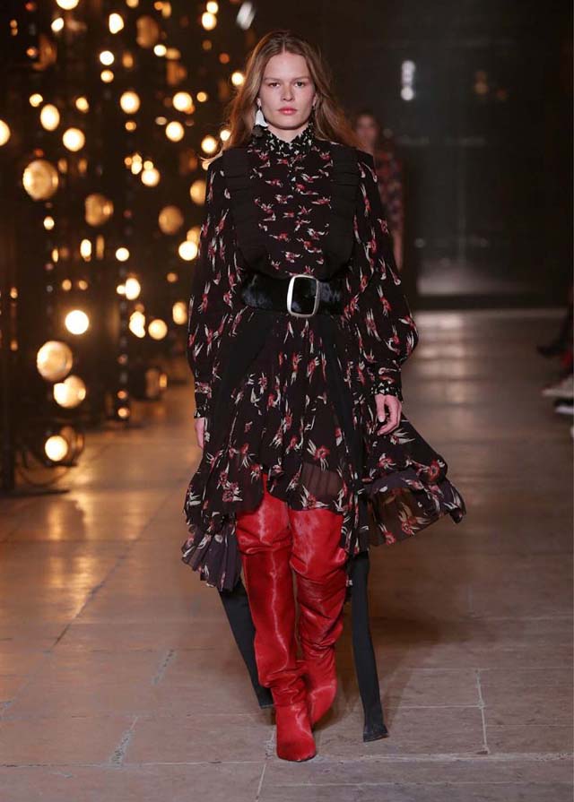 Isabel-Marant-fw17-fall-winter-2017 (13)-asymmetric-dress-red-booties-black-belt