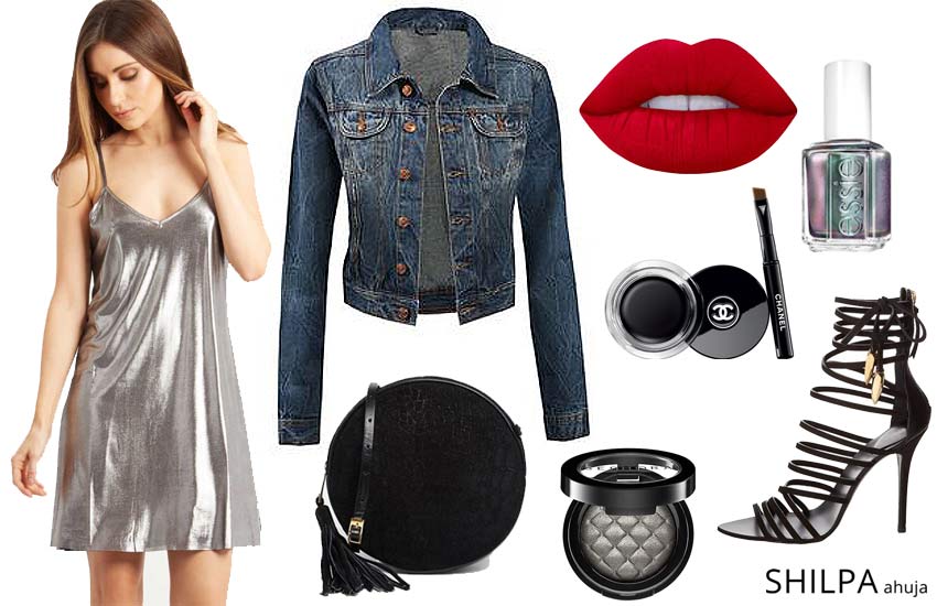 slip-dress-style-party-date-night-look-metallic-silver-short-slip-dress-denim-jacket