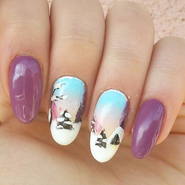 best-snow-xmas-glossy-nail-polish-art-designs-pine-trees-winter-2017-purple