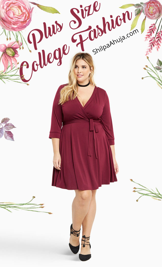 trendy-plus-size-college-fashion-ideas-looks-wrap-fit-and-flare-dress