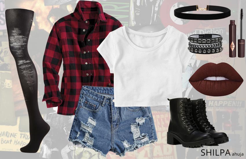 90s-grunge-fashion-outfit-ideas-flannel-ripped-tights-look