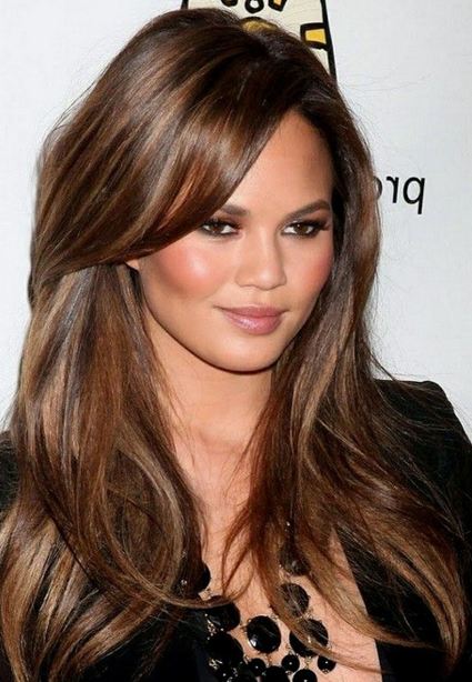 chrissy-teigen-brunette-lowlights-highlights-dark-brown-hair-color-ideas