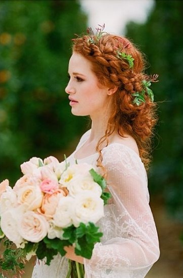 curly-hair-bridal-wedding-hairstyles (2)-twisted-braid-updo-flowers-leaves-madelaine-petsch