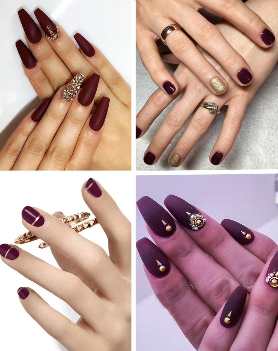gold and burgundy nails rhinestone crystal nail art designs