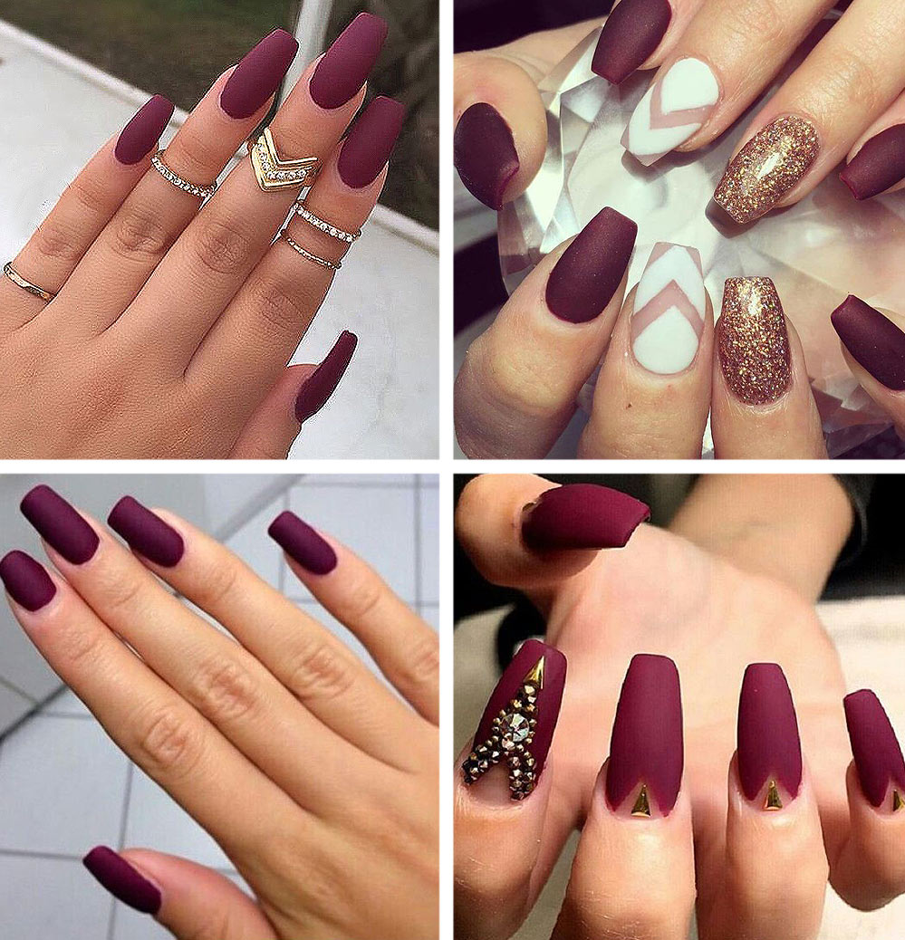 maroon acrylic nails matte finish latest shades nail paint burgundy nails