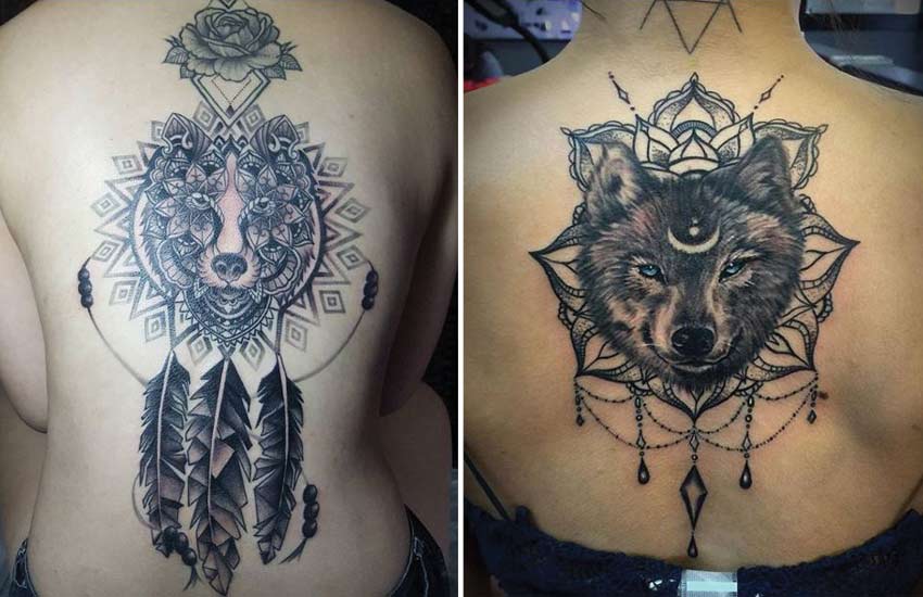 mandala-wolf-tattoo-designs-ideas-chandelier-jewels-dreamcatcher-feathers-tattoos