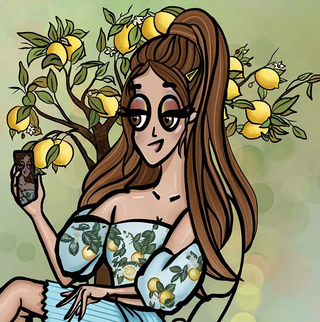 Audrey O. stylish cartoon NFT blue dress Selfie_In_Lemon_Garden